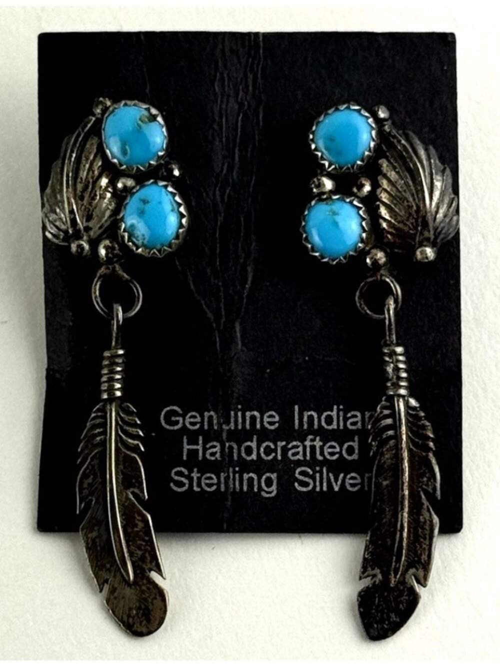Navajo Running Bear Sterling Silver Turqouise Earrings W/ Feather Dangles